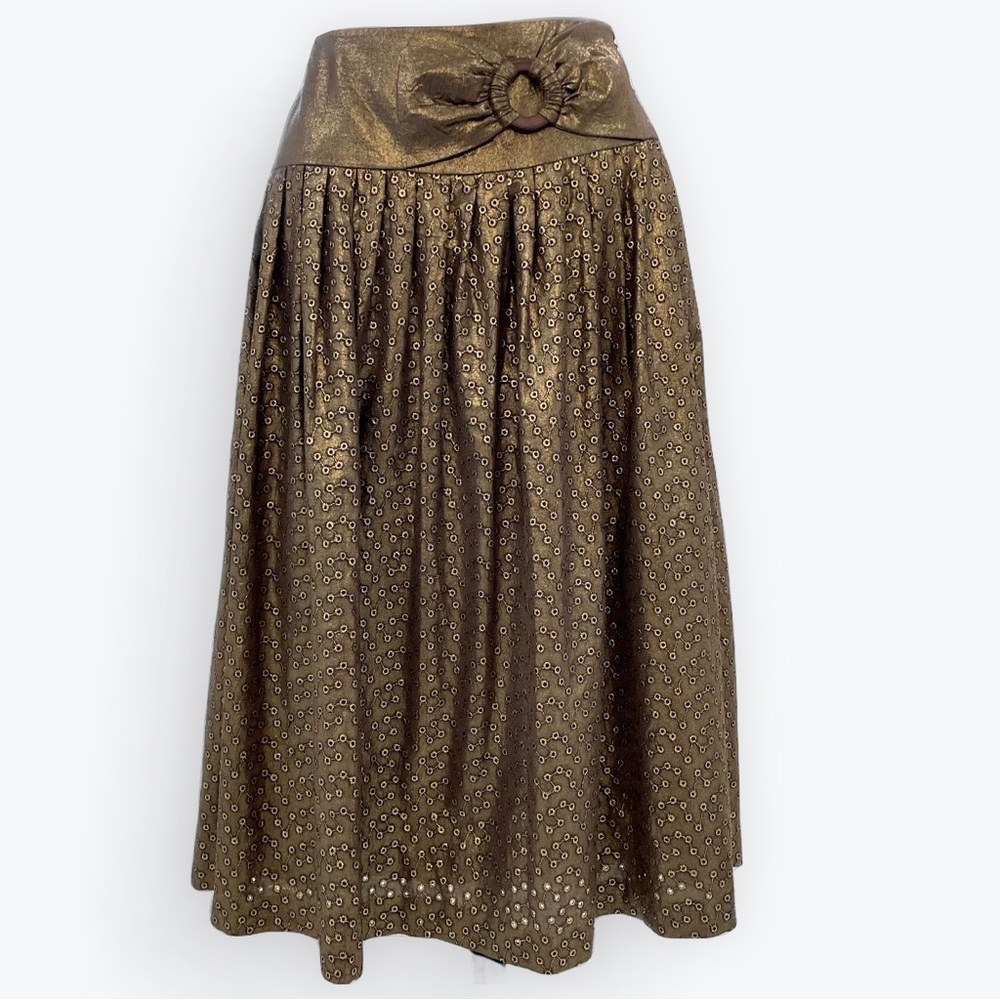 Saks 5th Avenue gold lame cotton eyelet pleated lined skirt waist band belt Sz 6
